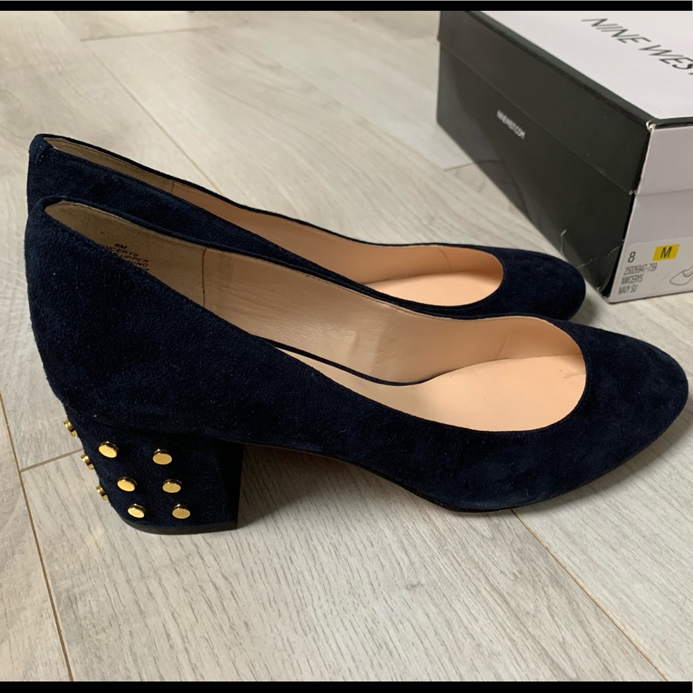 Nine West Cerys Navy Suede Gold Studded Heels